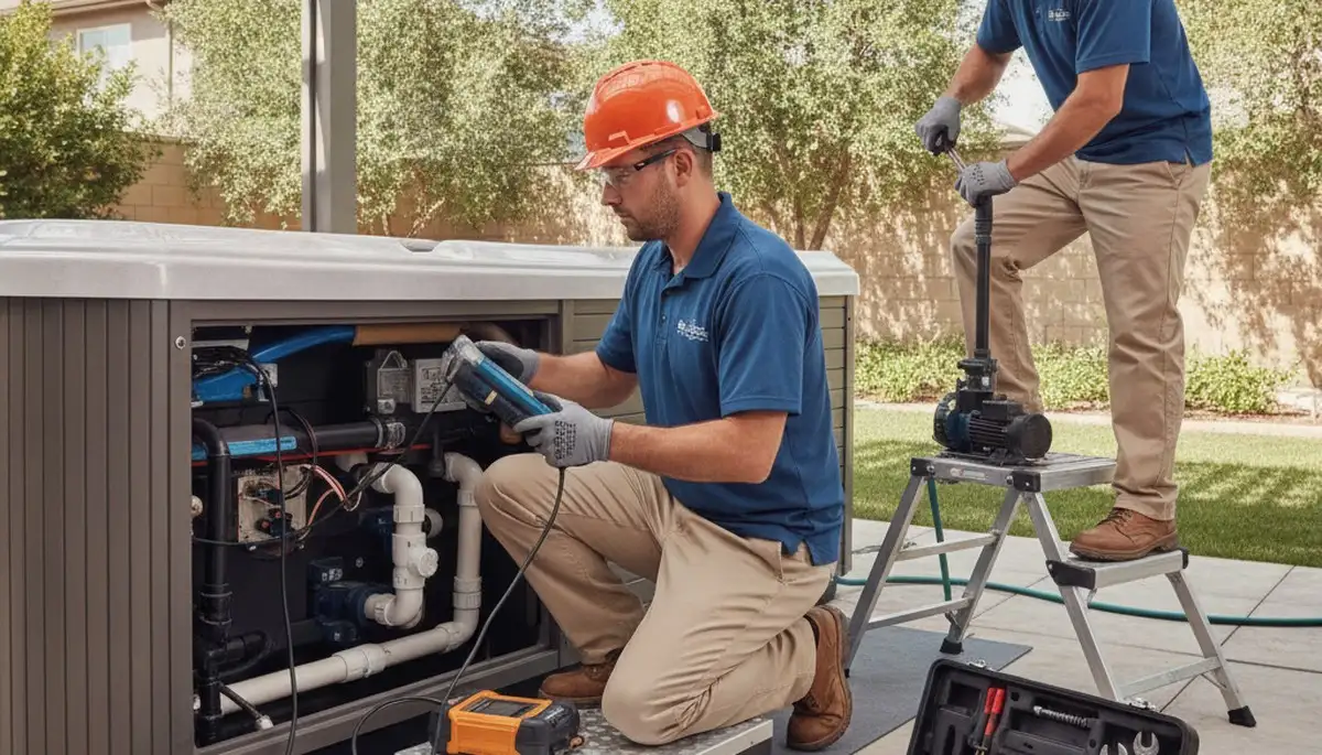 Spa repair technician servicing a home spa in Duluth, MN for reliable year-round operation